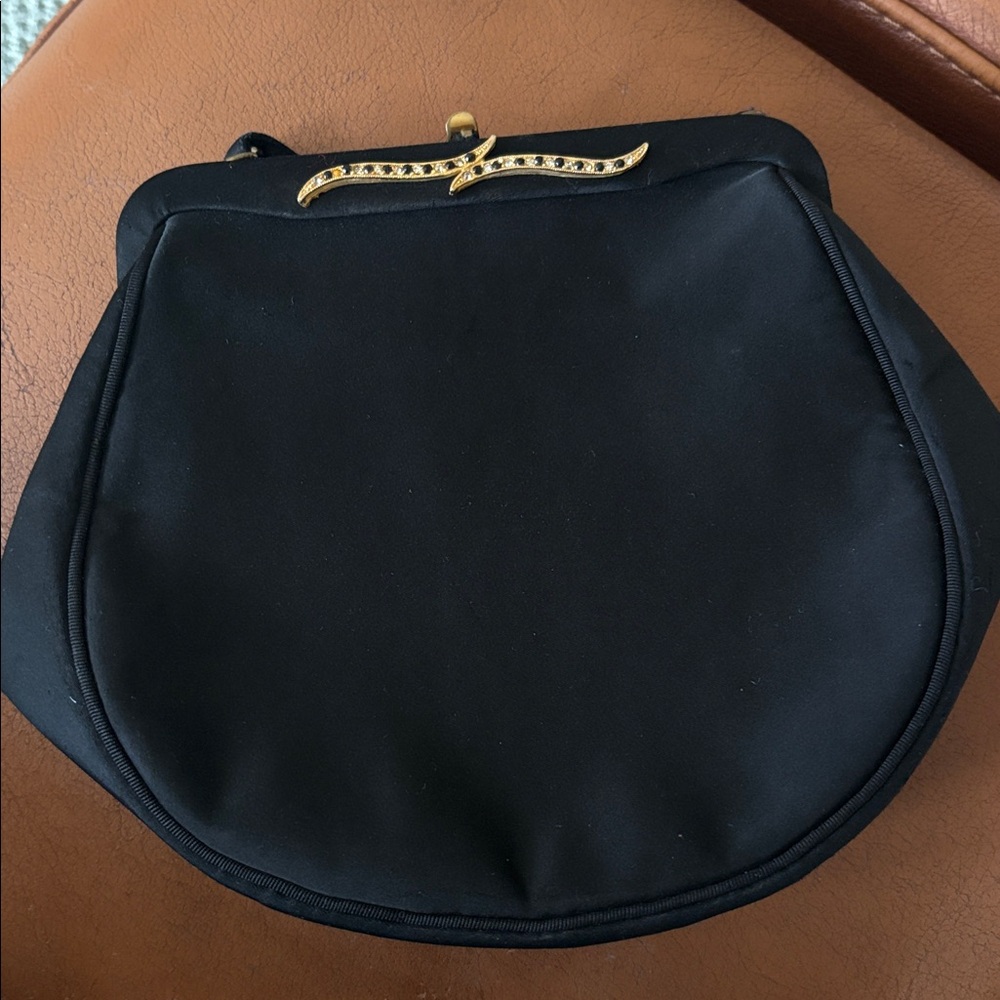 Vintage Black Satin After Five handbag black rhinestones clip closure